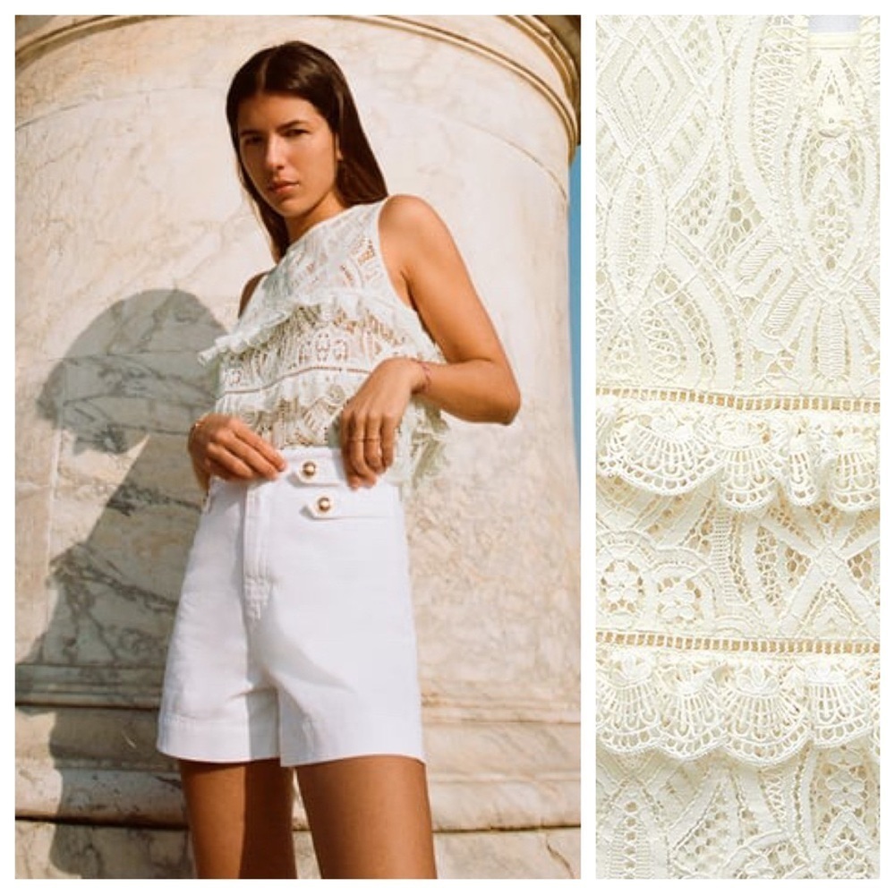 NWT. Zara Cream Ruffled Lace Top. Size S.